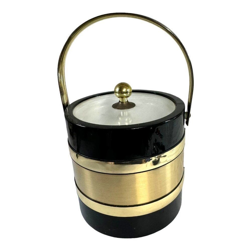 Vintage Morgan Black & Gold MCM Barware Insulated Ice Bucket With Handle READ